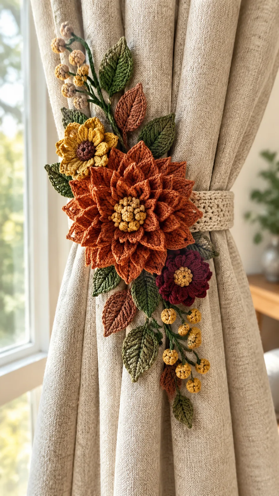 Autumn Dahlia Curtain Tieback Crochet Pattern