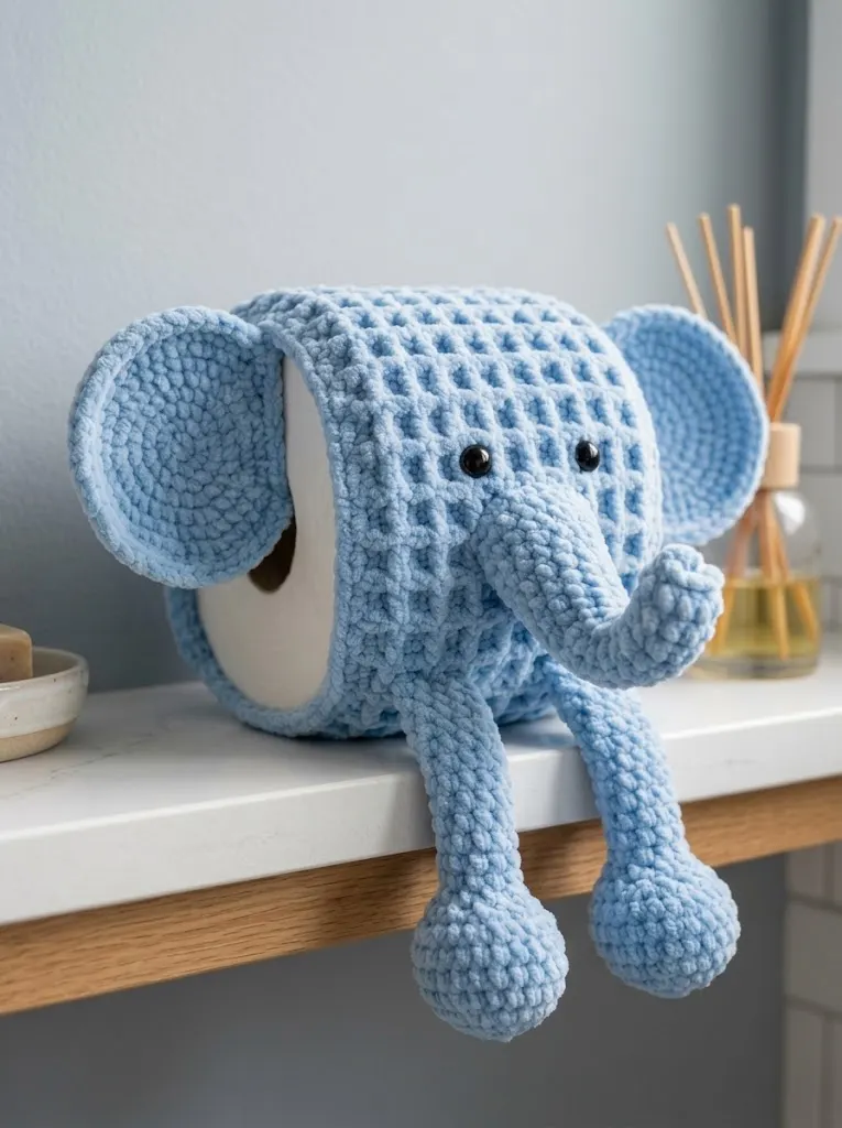 Baby Blue Elephant Toilet Paper Cozy Free Crochet Pattern