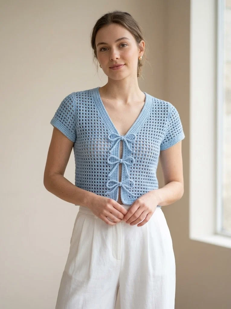 Baby Blue Grid Stitch Tie Cardigan Free Pattern