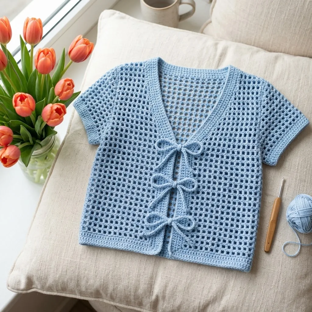 Baby Blue Grid Stitch Tie Cardigan Free Pattern