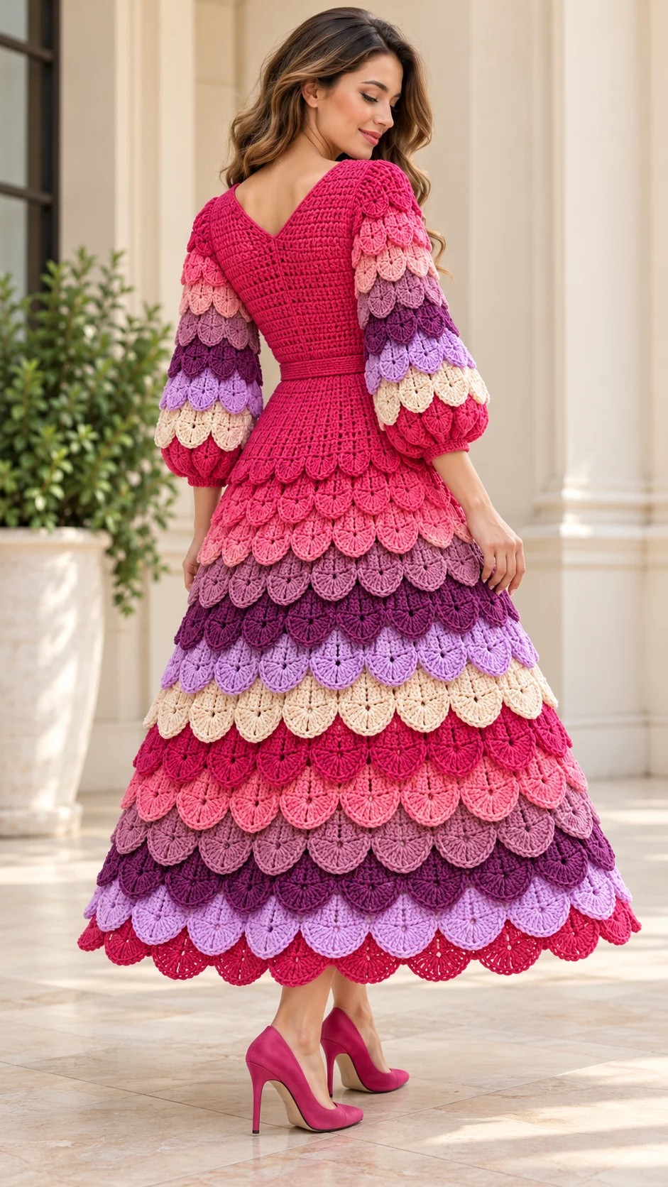 Berry Scales Tea Dress Crochet Pattern - a full-length multi-coloured scallop tiered crochet dress in shades of raspberry, pink, lilac and cream