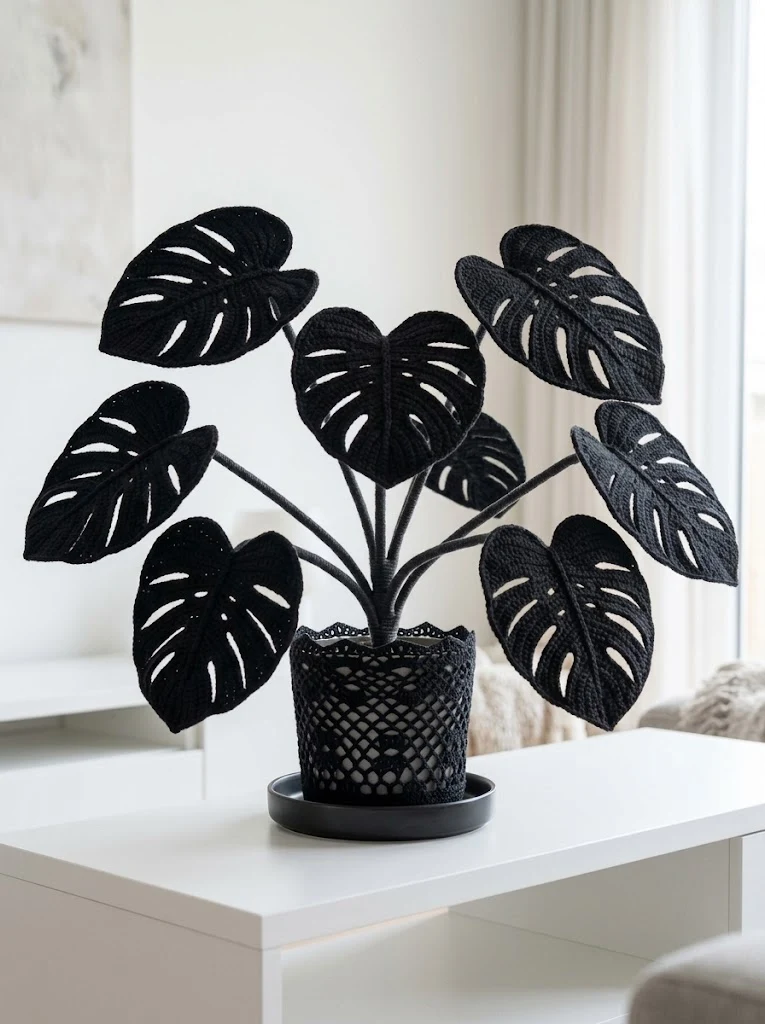 Black Monstera Crochet Plant for Modern Living Room