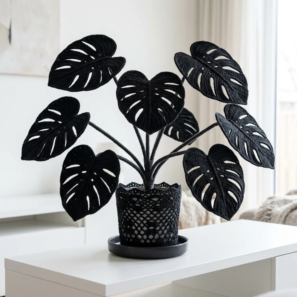 Black Monstera Crochet Plant for Modern Living Room