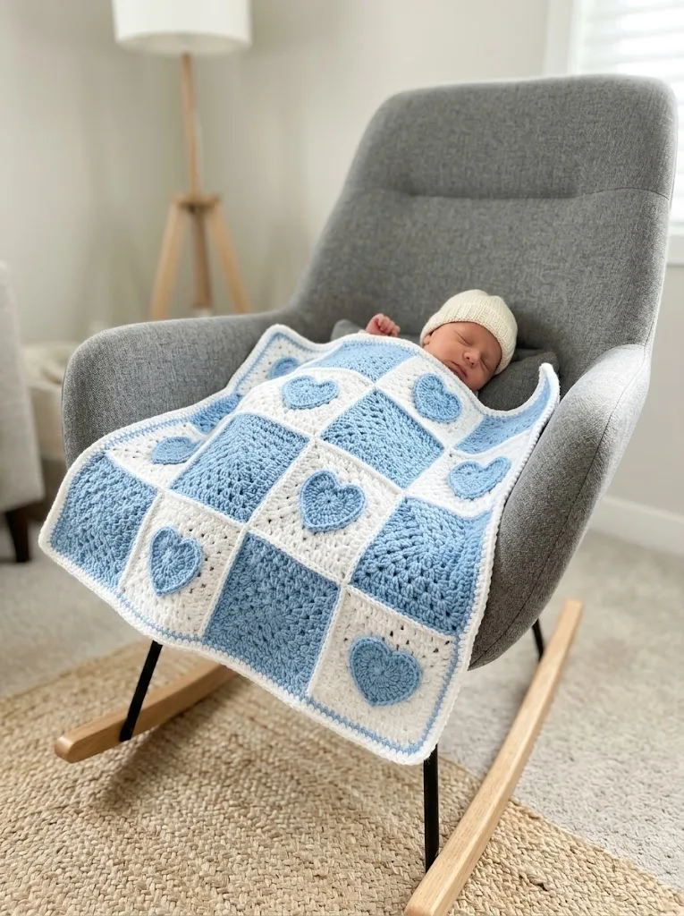 Blue Heart Granny Square Baby Blanket Free Crochet Pattern