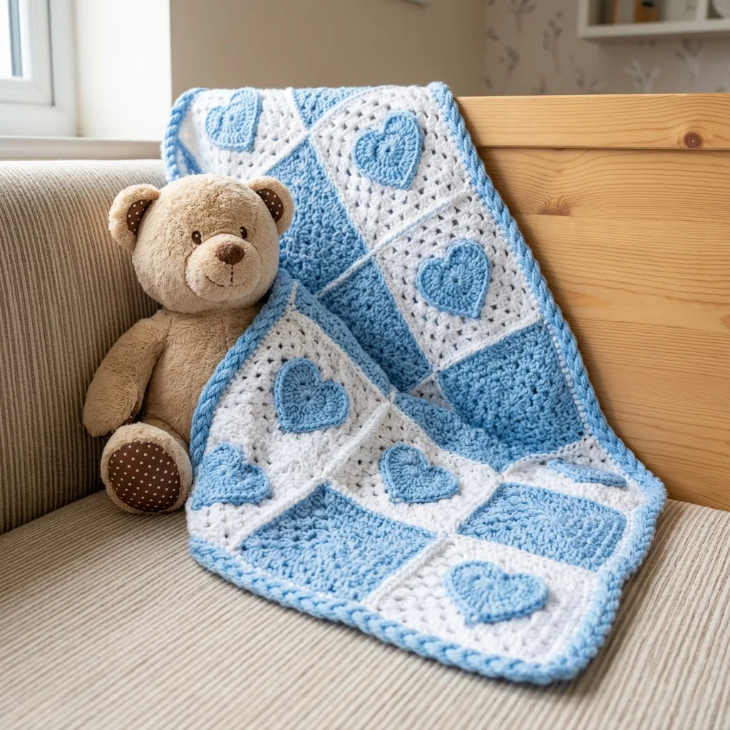 Blue Heart Granny Square Baby Blanket Free Crochet Pattern