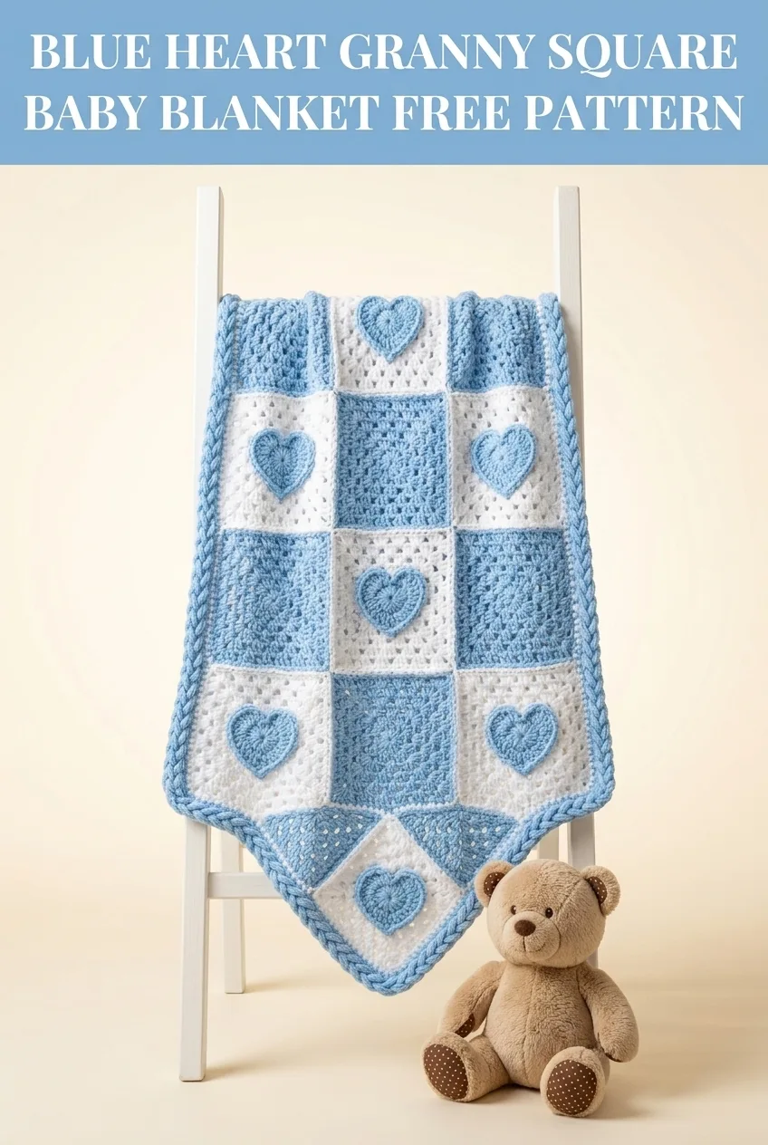 Blue Heart Granny Square Baby Blanket Free Crochet Pattern