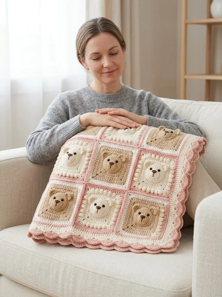 Blush Pink Teddy Bear Granny Square Blanket Free Pattern
