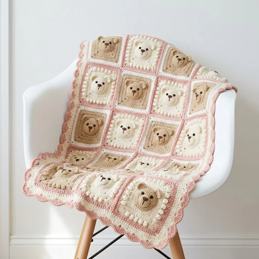 Blush Pink Teddy Bear Granny Square Blanket Free Pattern