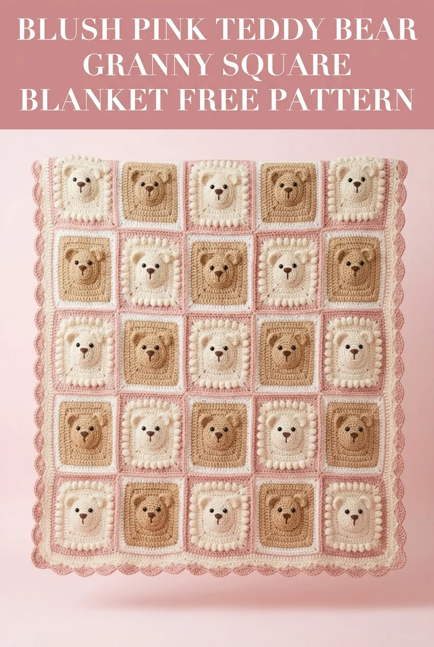 Blush Pink Teddy Bear Granny Square Blanket Free Pattern