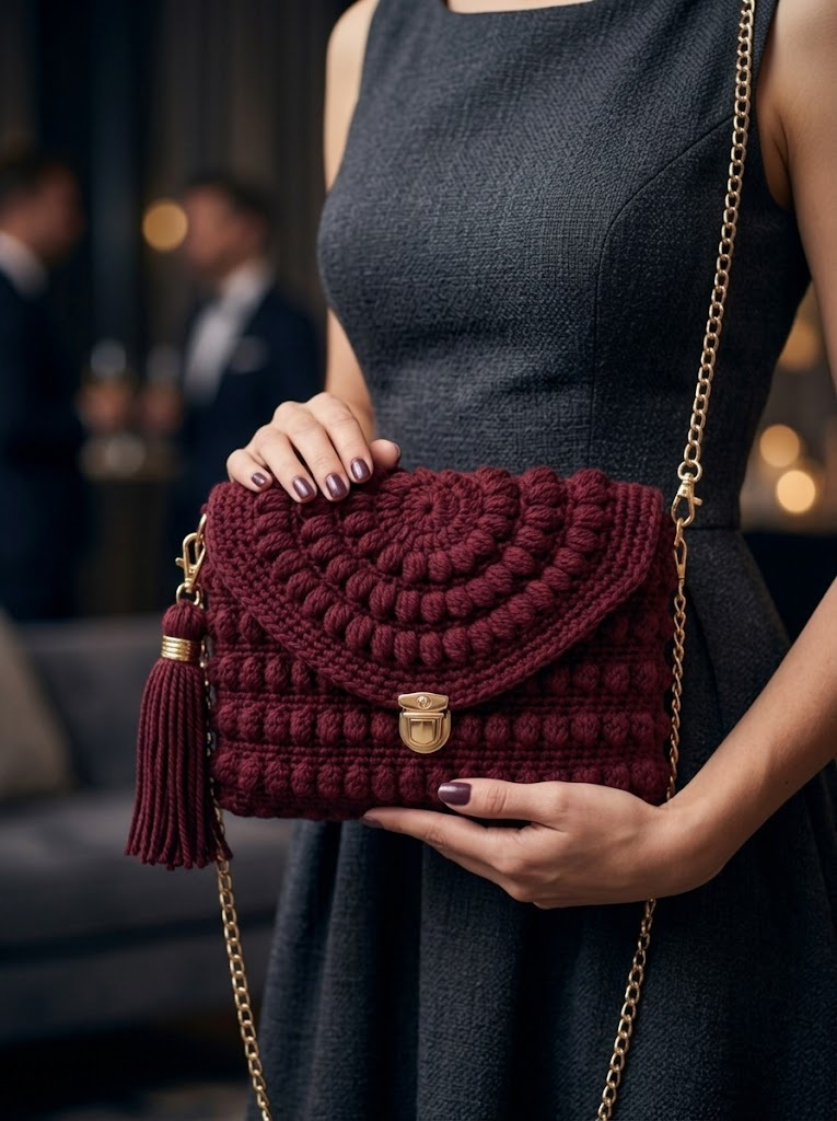 Burgundy Wine Bobble Spiral Clutch Free Crochet Pattern