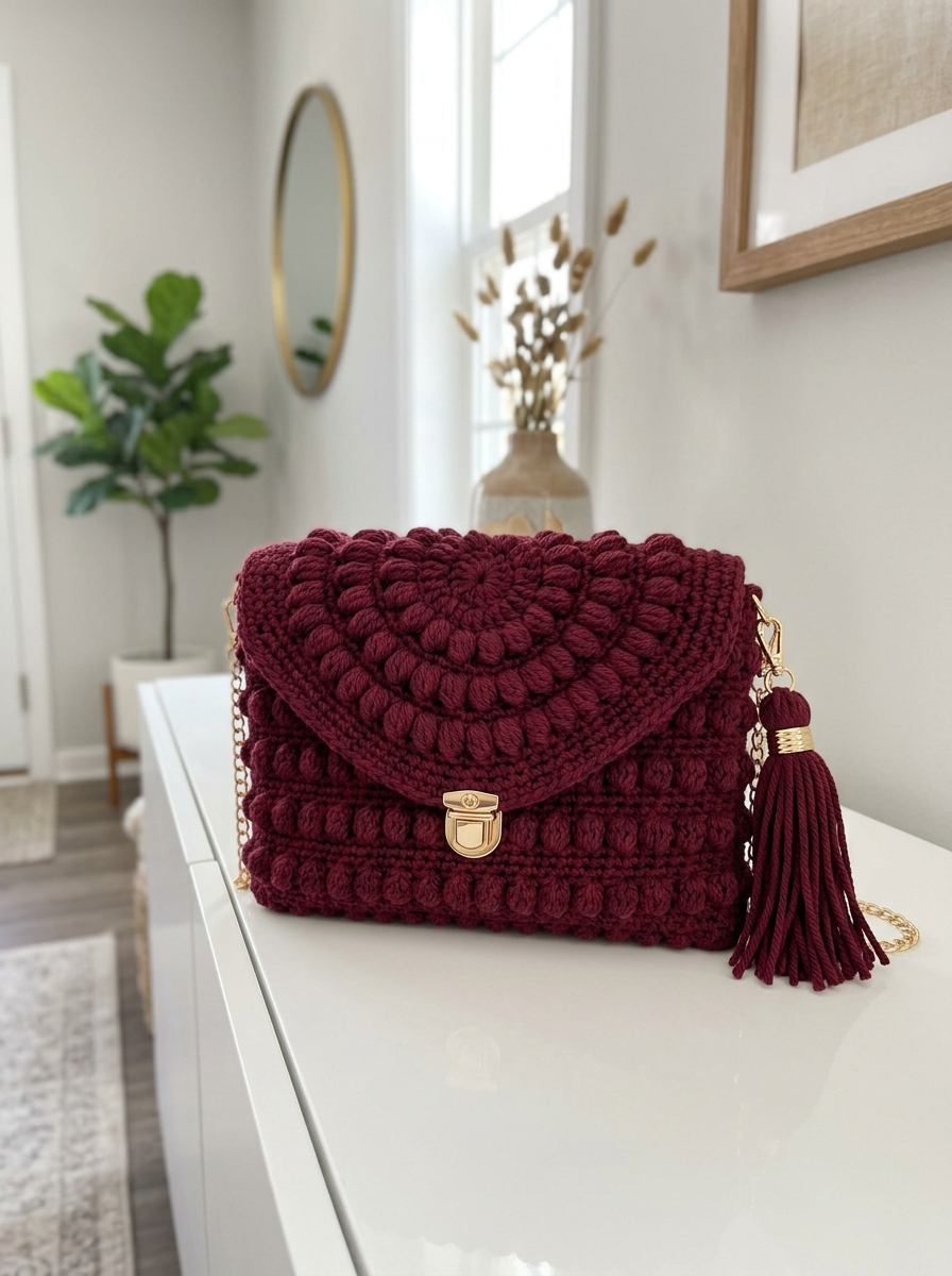 Burgundy Wine Bobble Spiral Clutch Free Crochet Pattern
