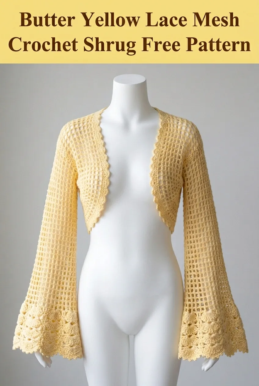 Butter Yellow Lace Mesh Crochet Shrug Free Pattern