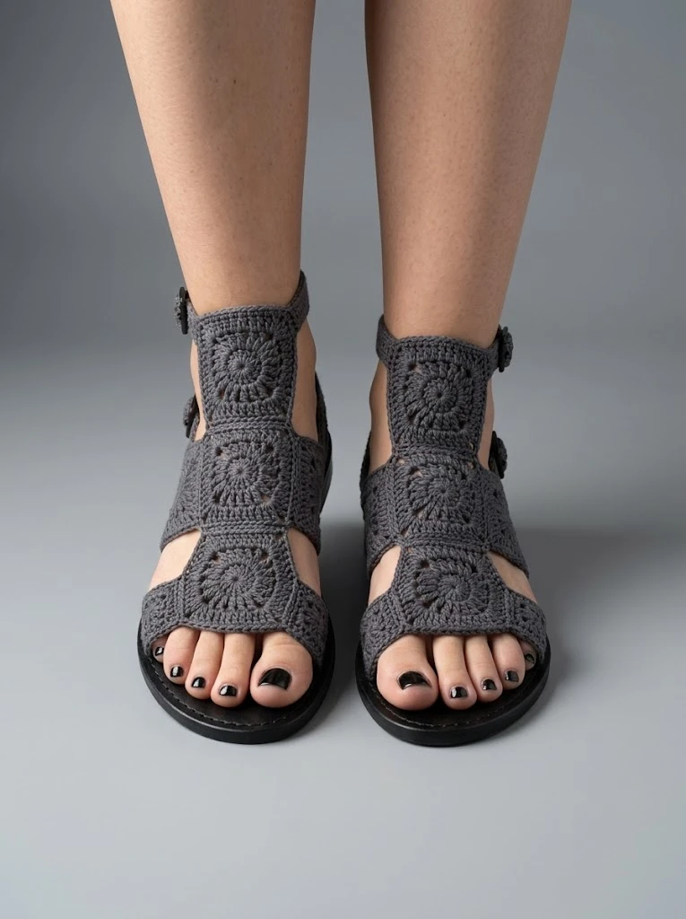 Charcoal Gray Crochet Sandals in Modern Living Room Free Pattern