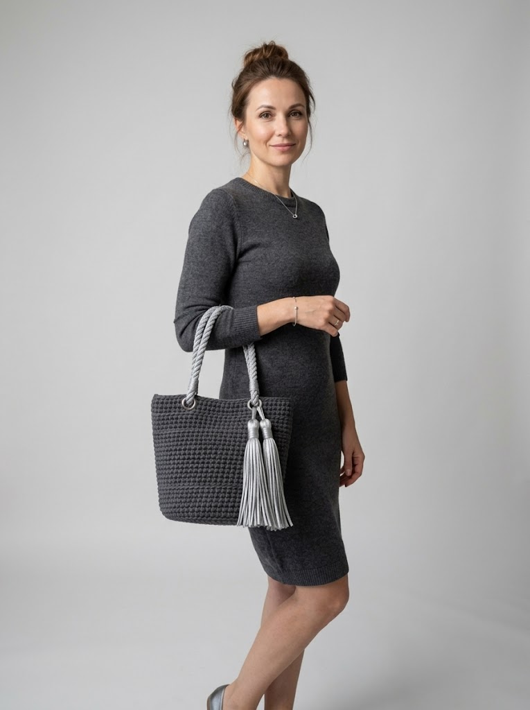 Charcoal Gray Modern Tote with Silver Tassels Free Pattern