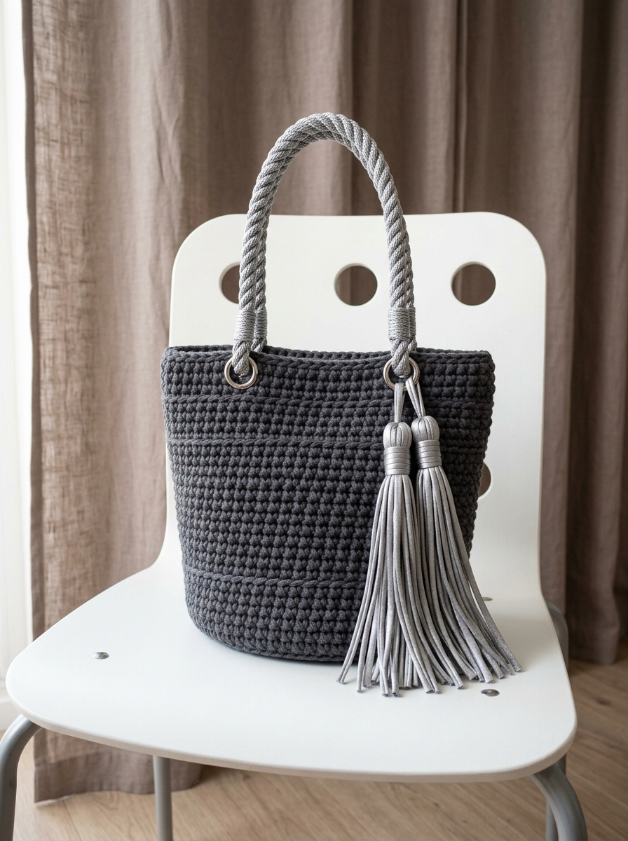 Charcoal Gray Modern Tote with Silver Tassels Free Pattern