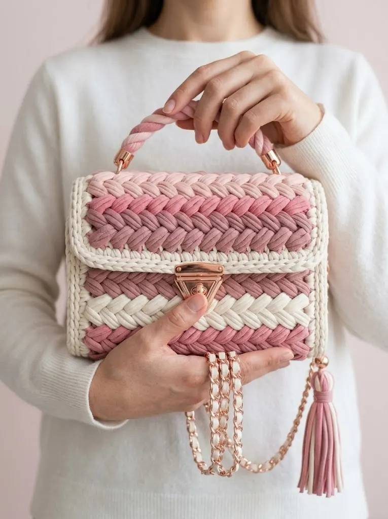 Cherry Blossom Pink Spring Braided Bag Free Crochet Pattern
