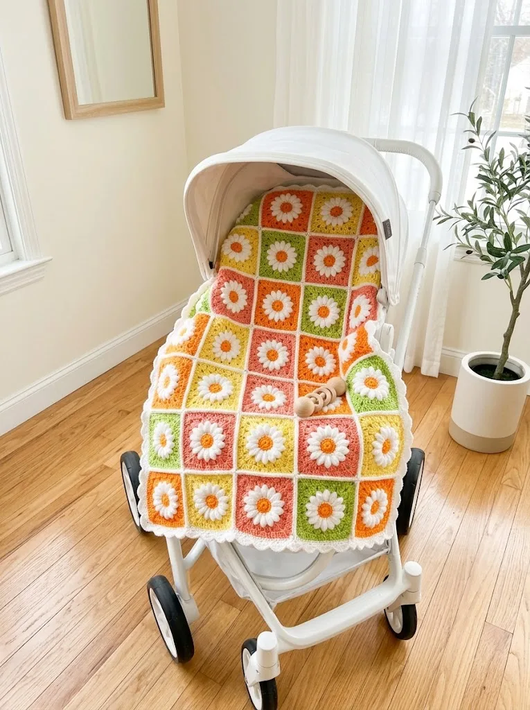 Citrus Burst Daisy Granny Square Baby Blanket Free Crochet Pattern