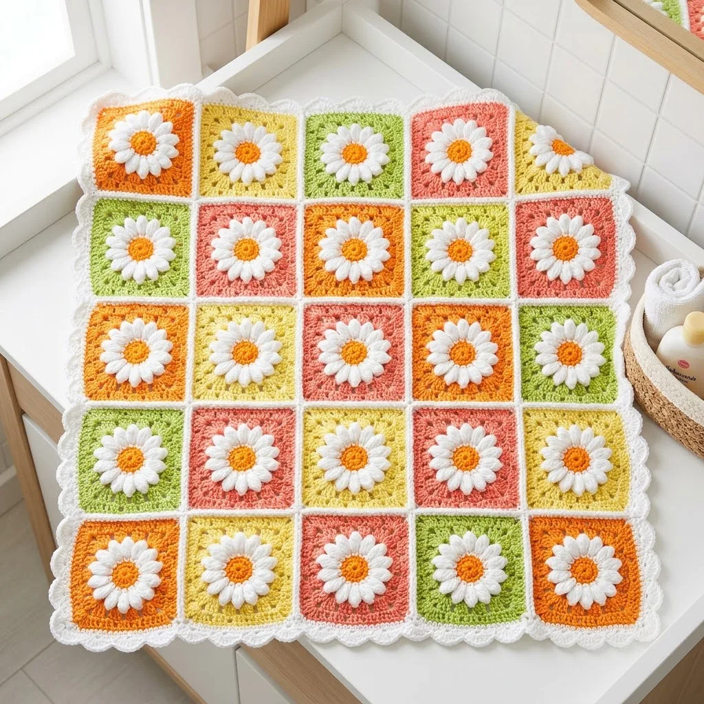 Citrus Burst Daisy Granny Square Baby Blanket Free Crochet Pattern