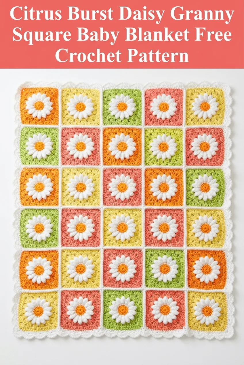 Citrus Burst Daisy Granny Square Baby Blanket Free Crochet Pattern