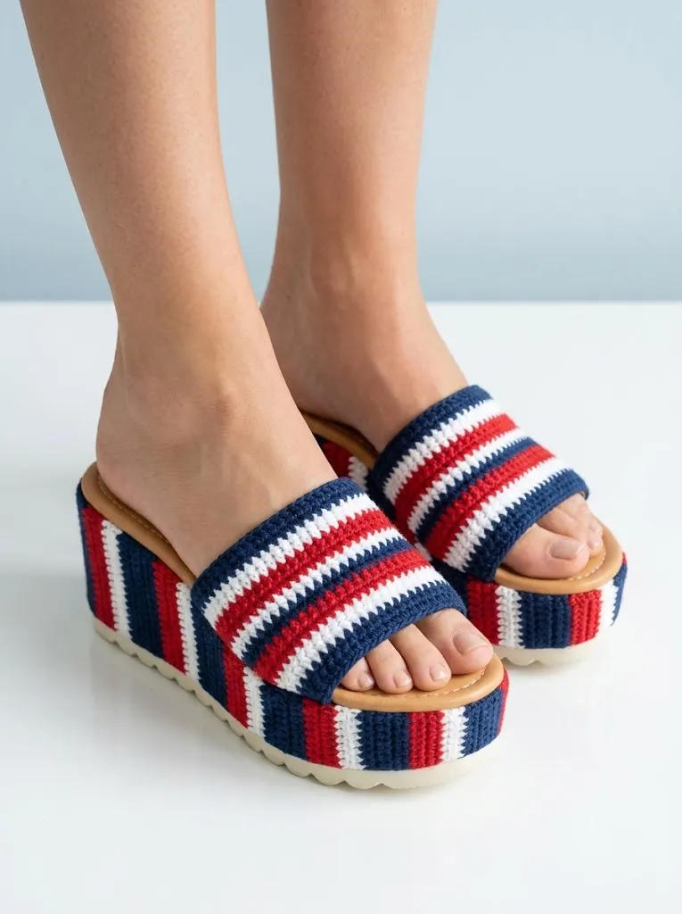 Classic Navy Nautical Crochet Platform Wedge Sandals Pattern