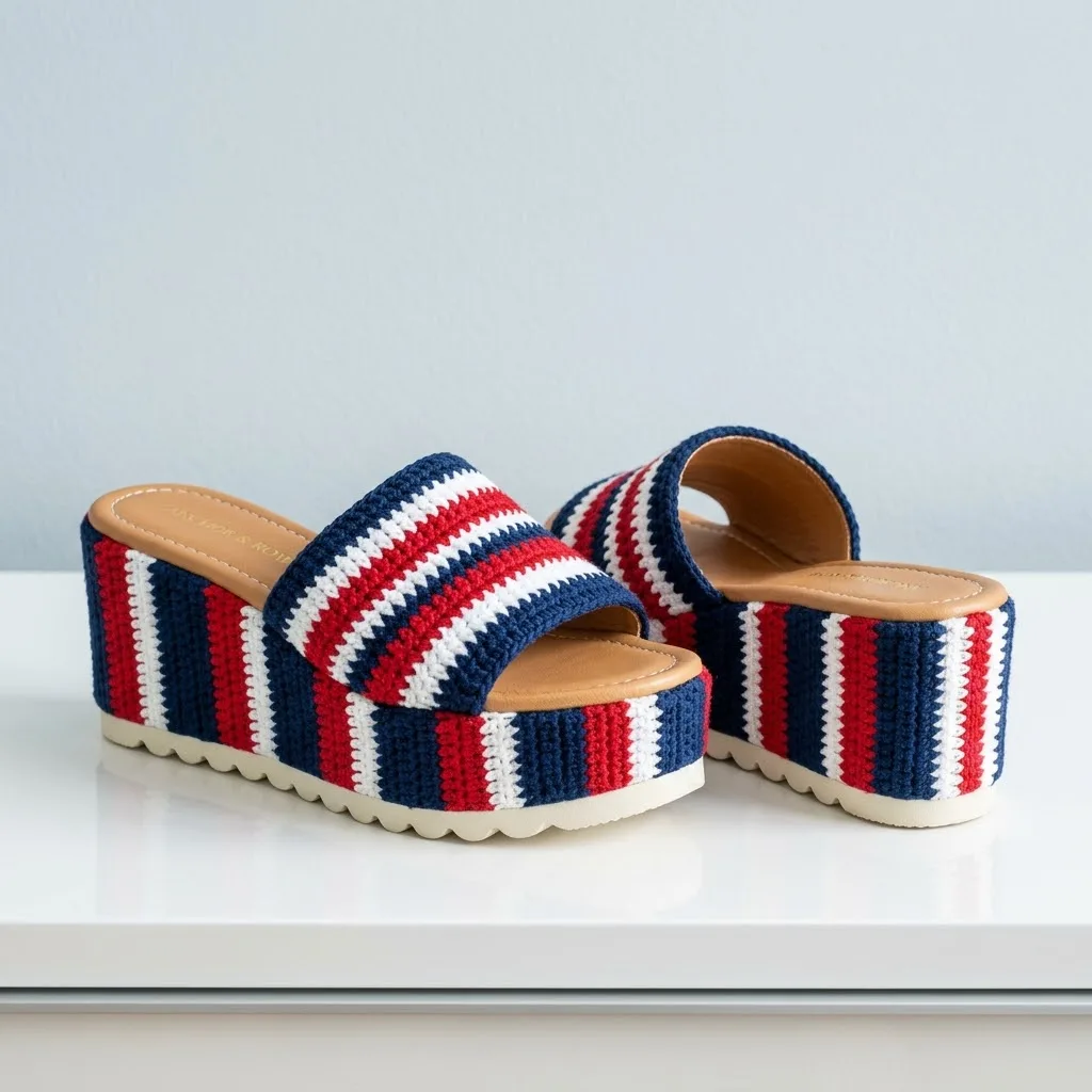 Classic Navy Nautical Crochet Platform Wedge Sandals Pattern