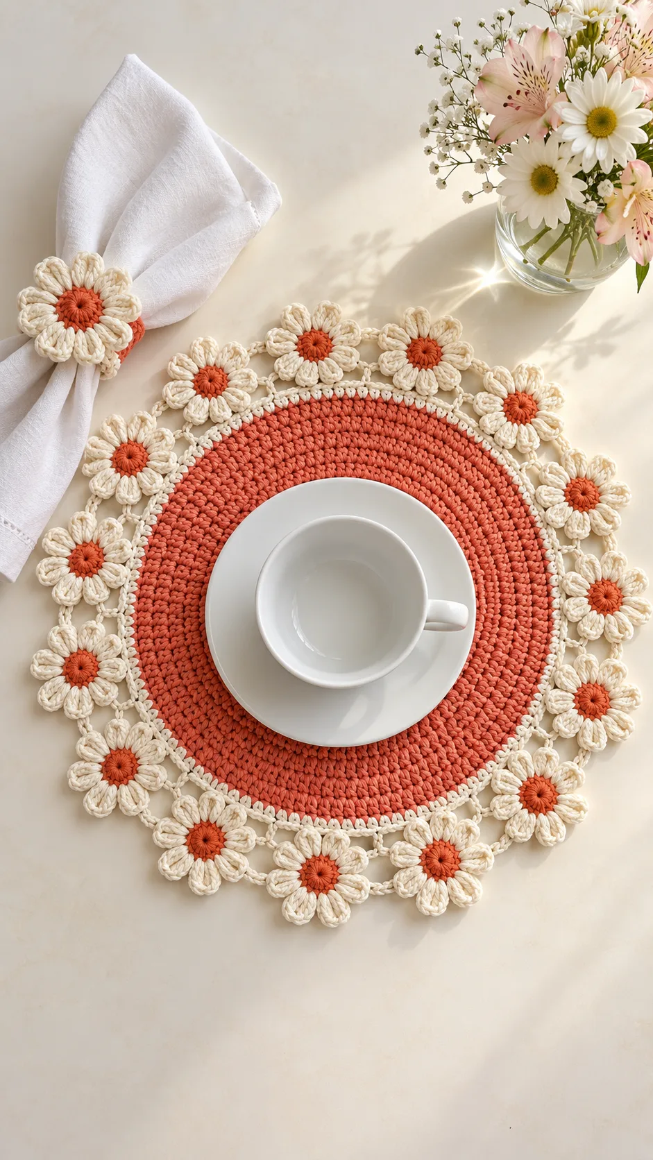 Coral Daisy Placemat and Napkin Ring Crochet Pattern