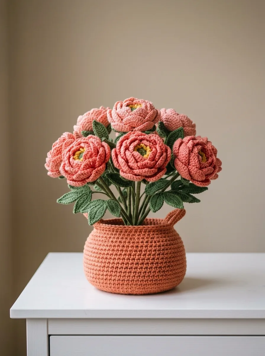Coral Peony Crochet Basket Free Crochet Pattern