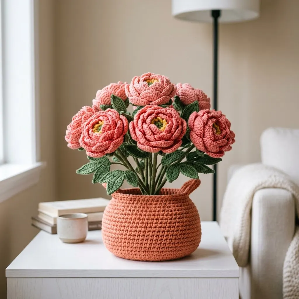 Coral Peony Crochet Basket Free Crochet Pattern