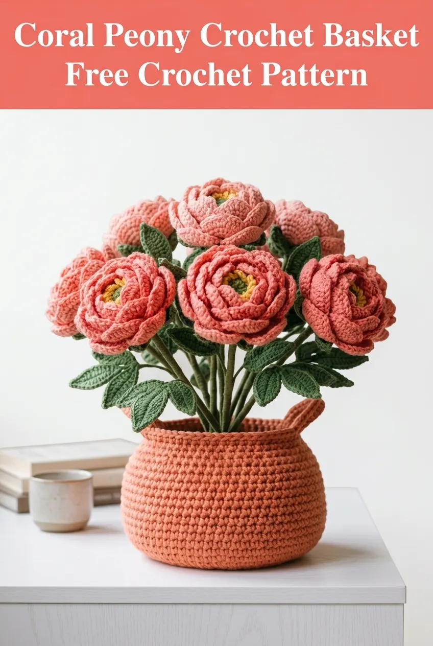 Coral Peony Crochet Basket Free Crochet Pattern