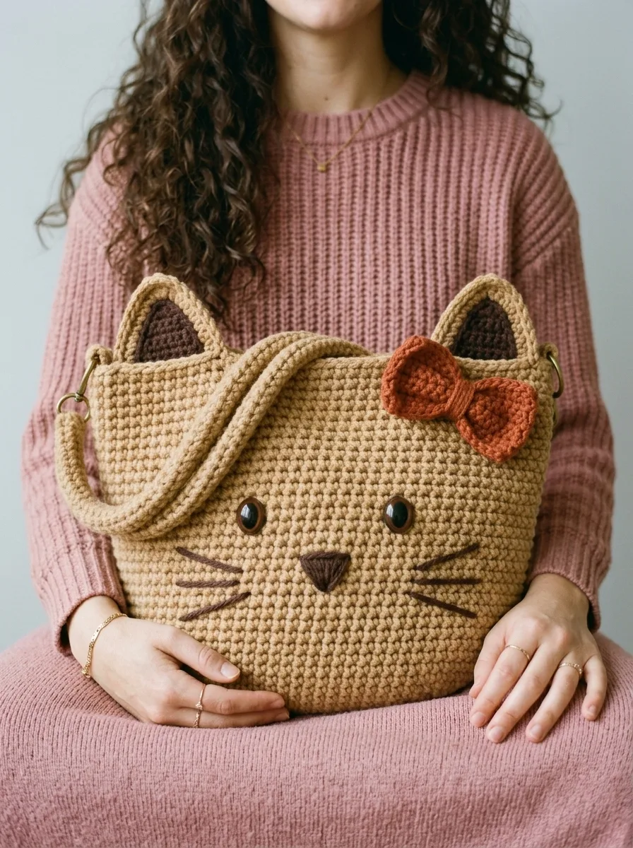 Cozy Tan Kitty Face Tote Bag Free Crochet Pattern