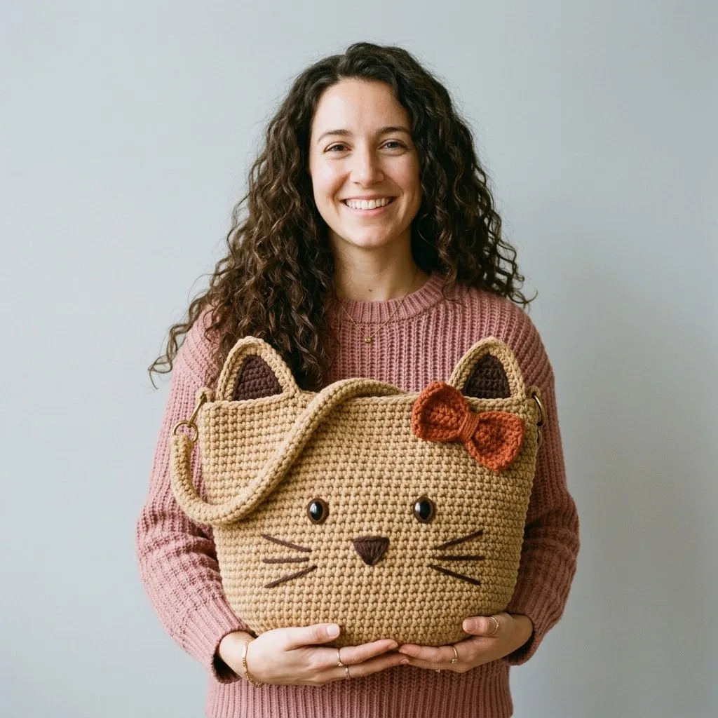 Cozy Tan Kitty Face Tote Bag Free Crochet Pattern