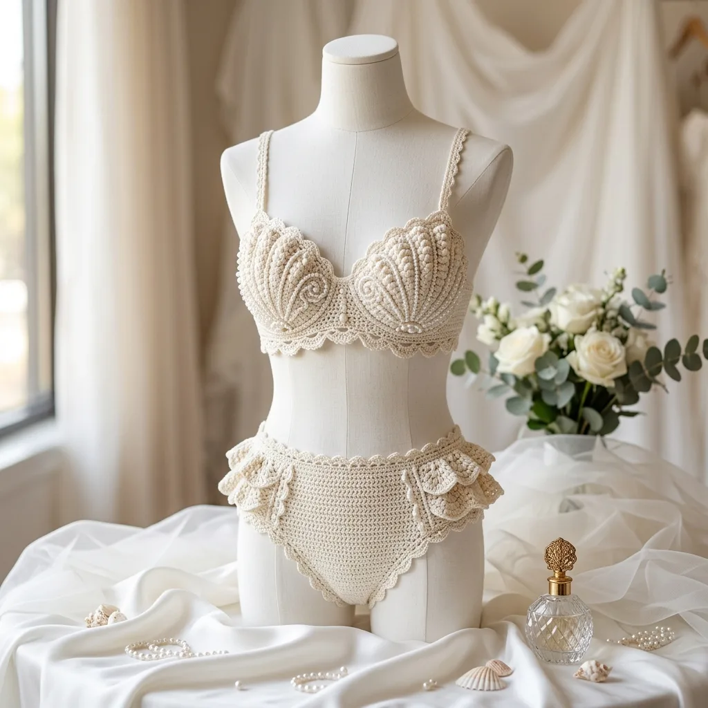 Cream Bridal Shell Bikini Crochet Pattern on a mannequin