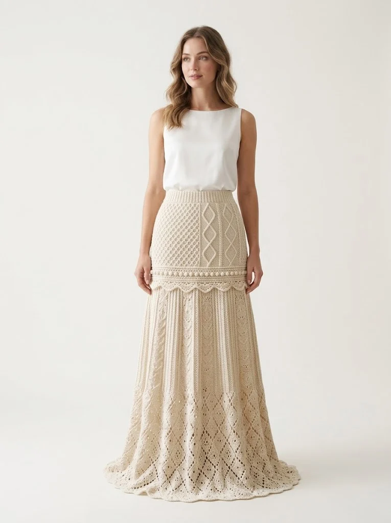 Cream Ivory Bridal Lace Maxi Skirt Free Crochet Pattern