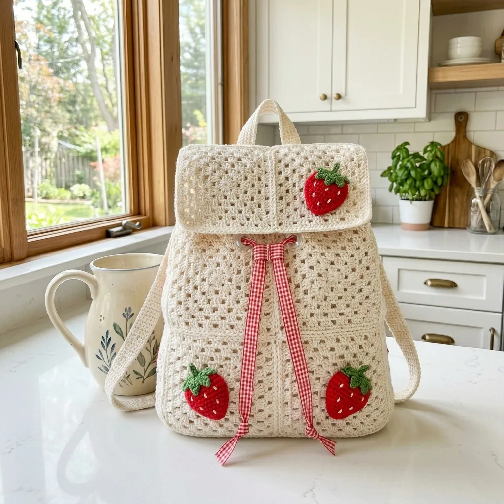 Cream Strawberry Cottagecore Crochet Backpack