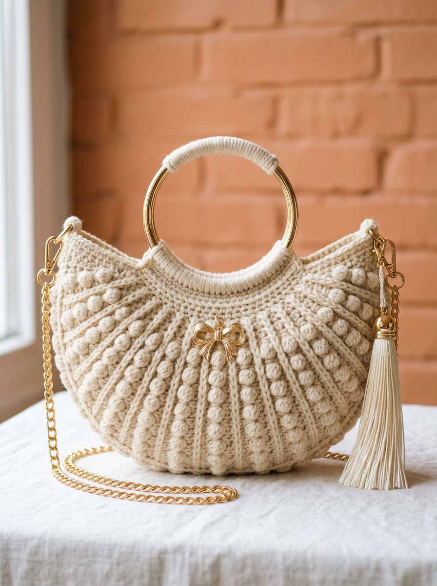Cream and Gold Elegant Half Moon Bag Free Crochet Pattern