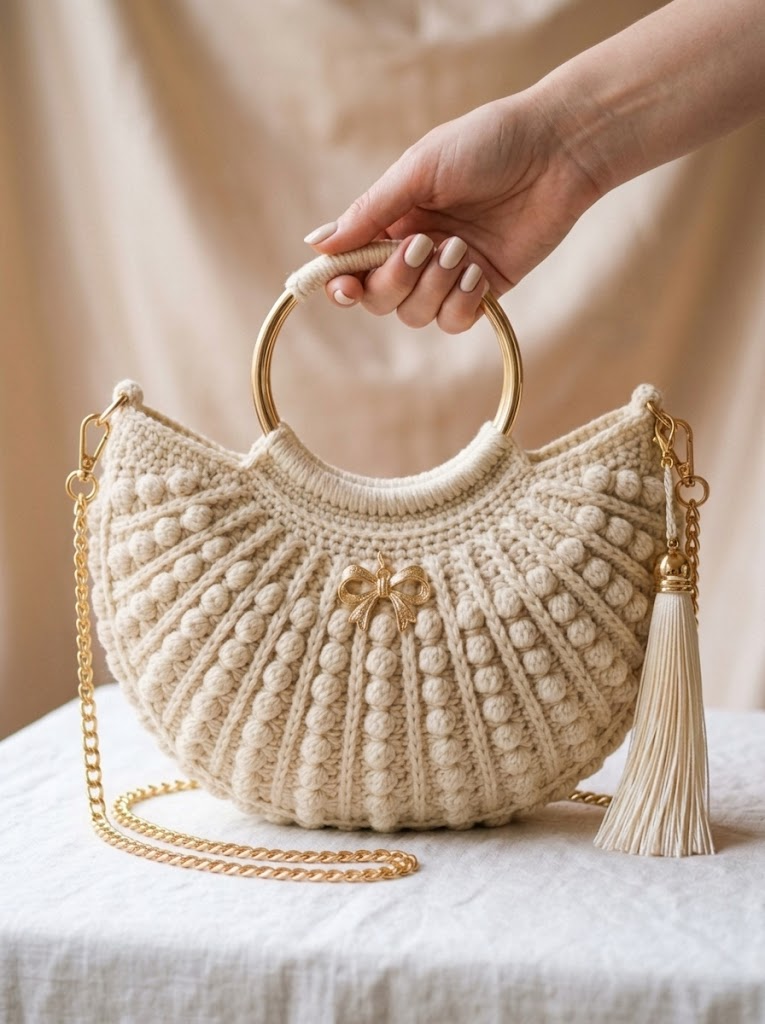 Cream and Gold Elegant Half Moon Bag Free Crochet Pattern