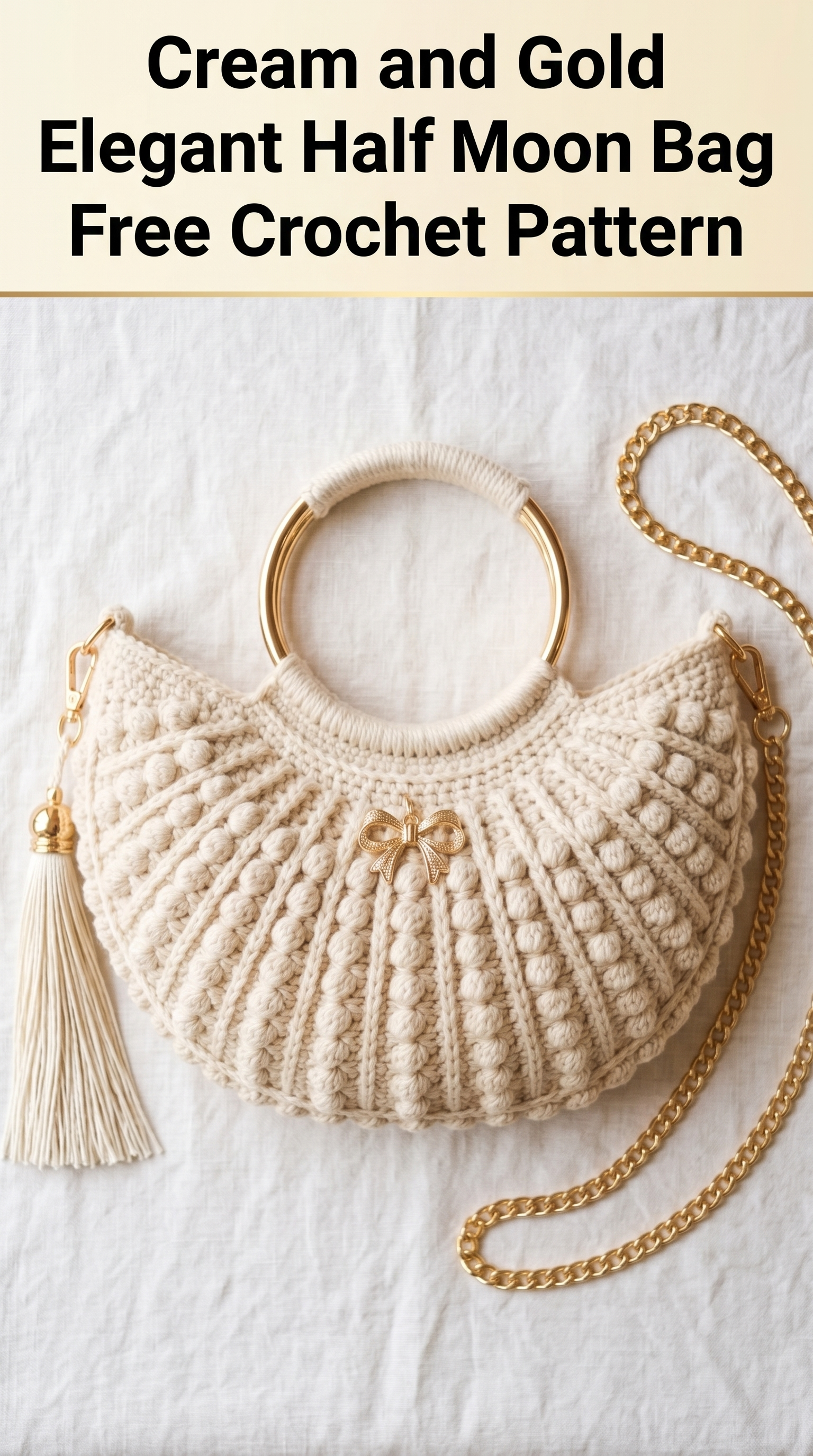 Cream and Gold Elegant Half Moon Bag Free Crochet Pattern