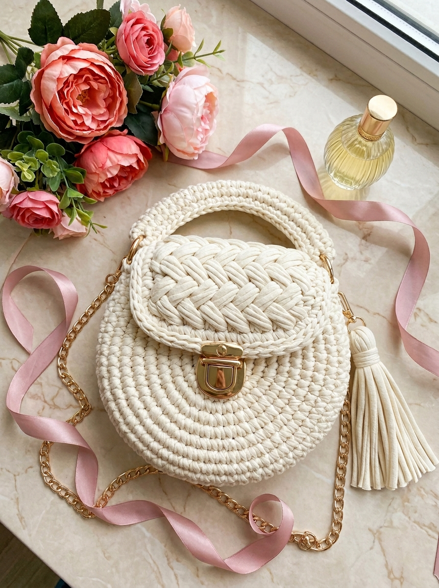 Cream and Gold Elegant Round Bag Free Crochet Pattern