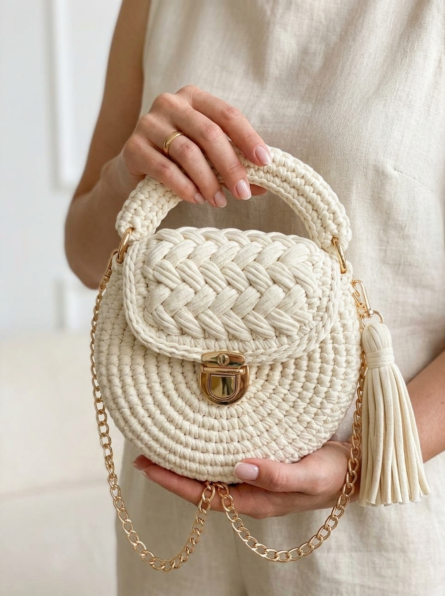 Cream and Gold Elegant Round Bag Free Crochet Pattern