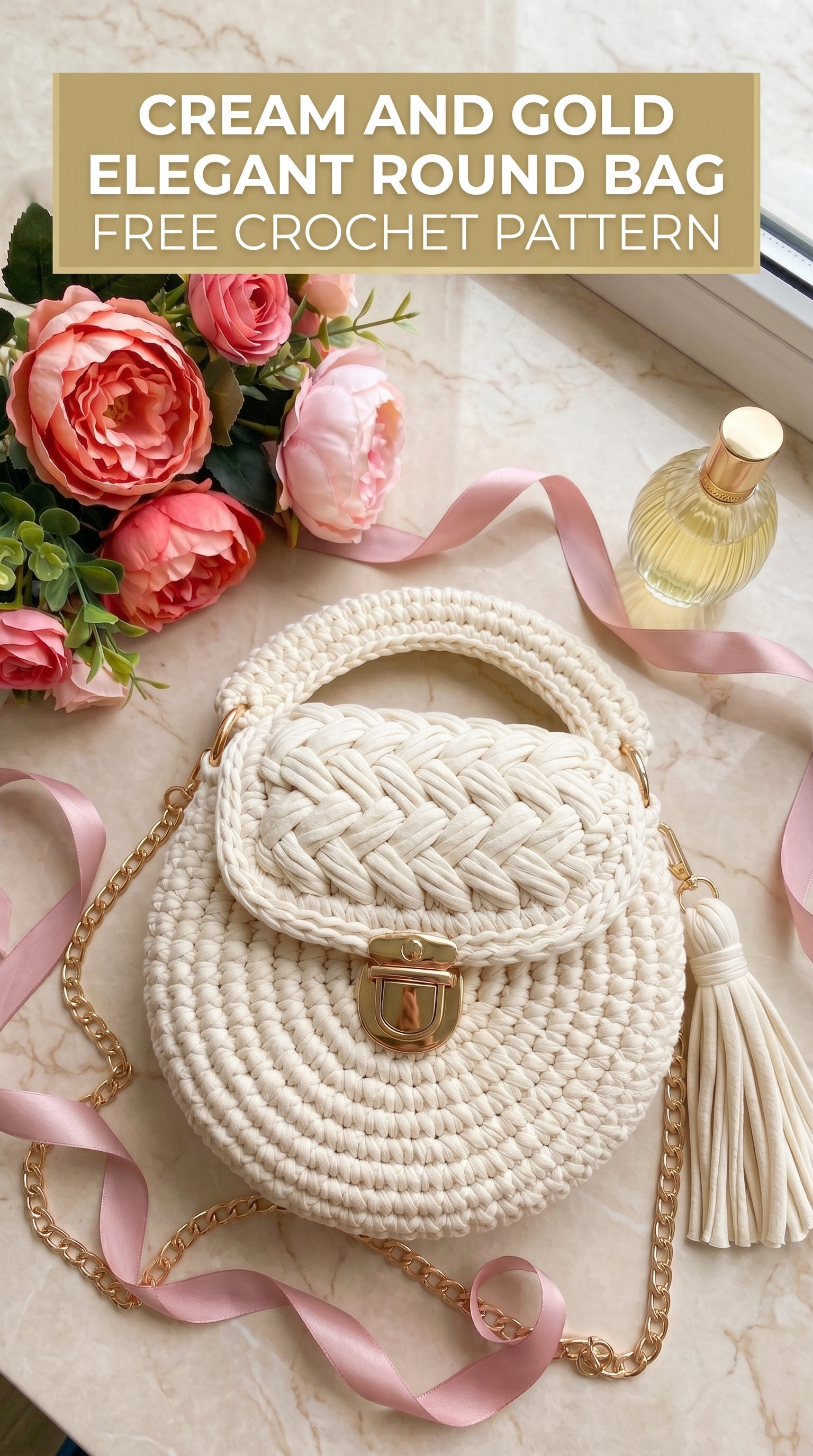Cream and Gold Elegant Round Bag Free Crochet Pattern
