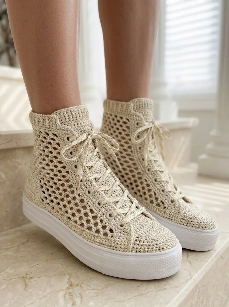 Cream and Gold Shimmer Crochet Sneakers Free Pattern