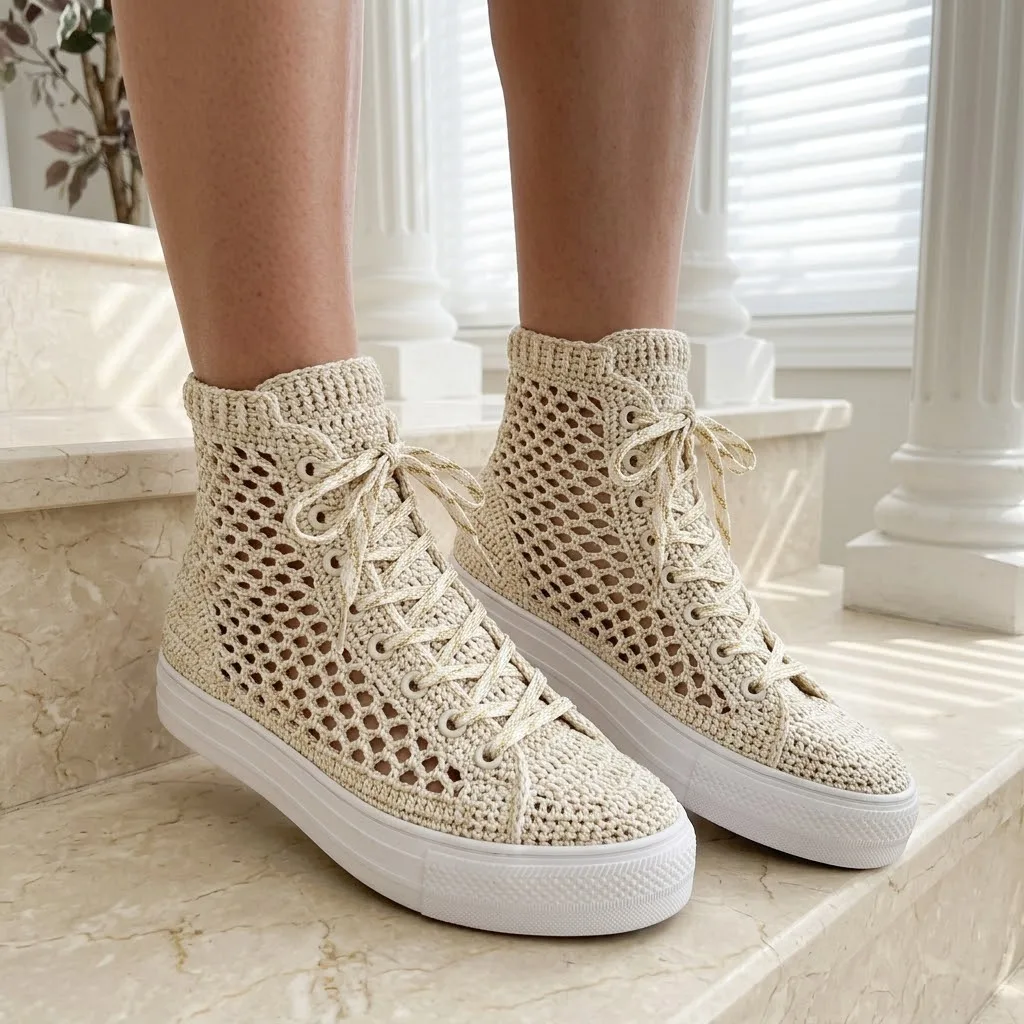 Cream and Gold Shimmer Crochet Sneakers Free Pattern