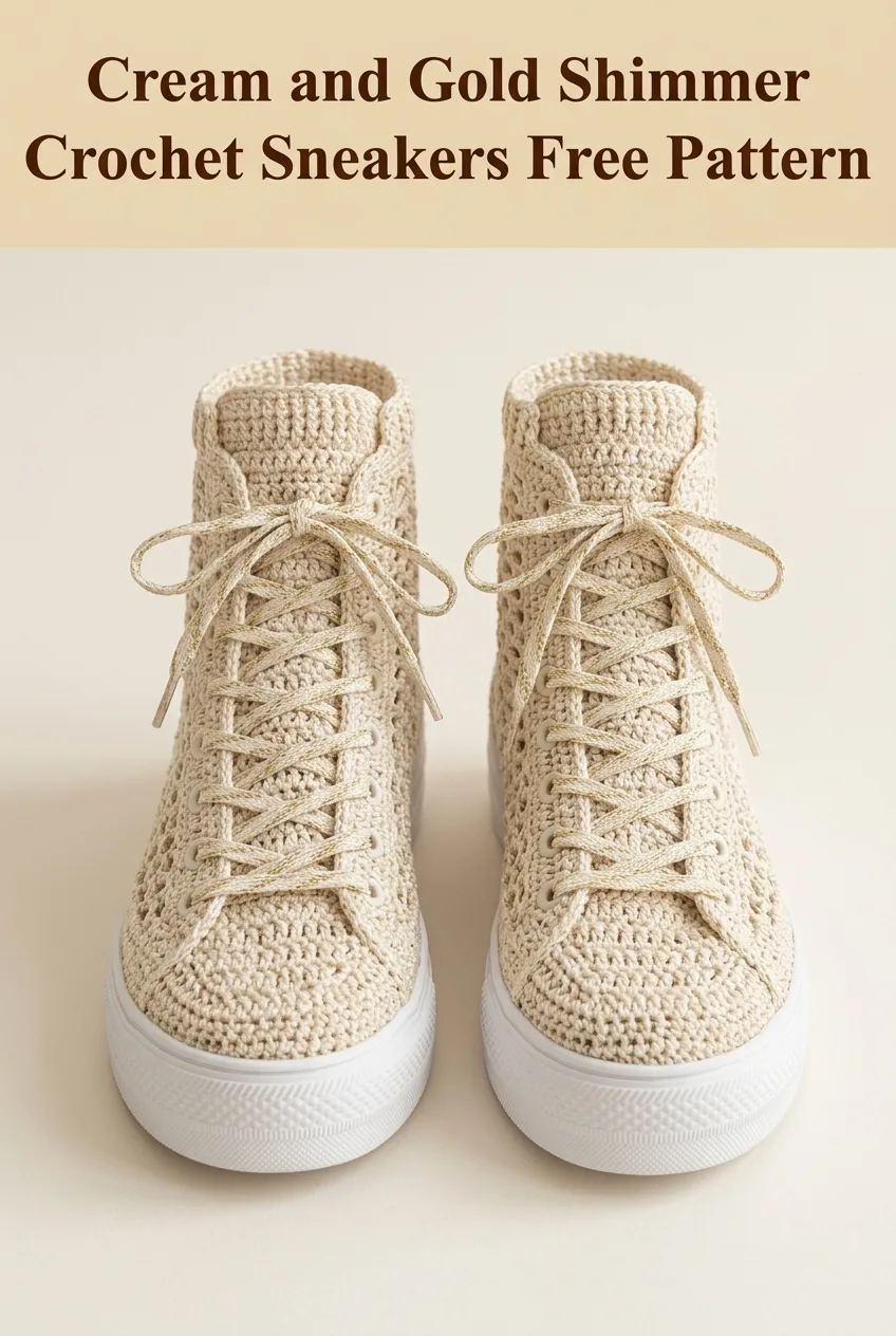 Cream and Gold Shimmer Crochet Sneakers Free Pattern