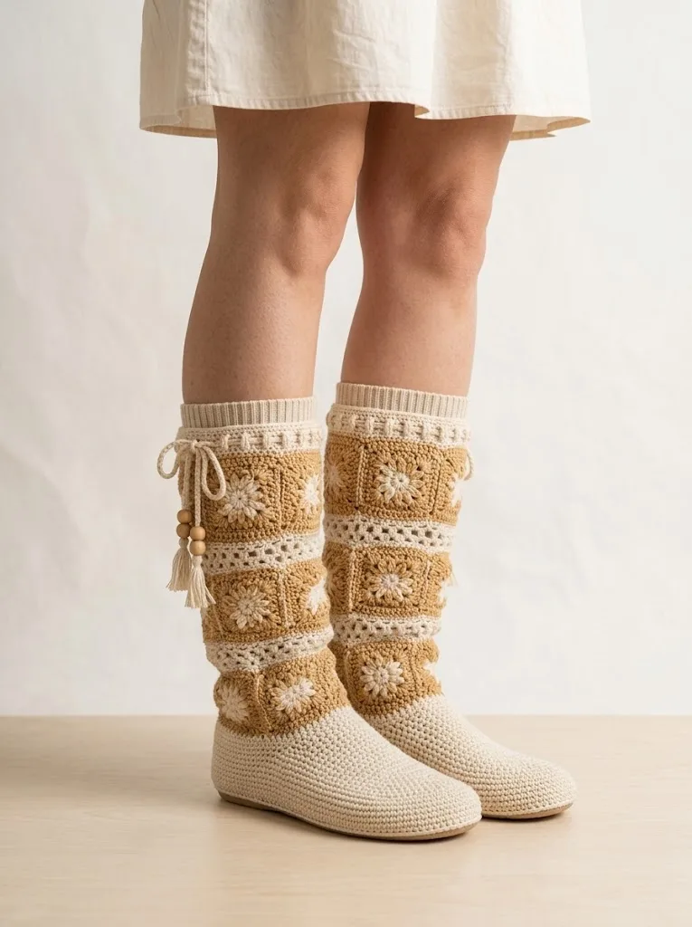 Cream and Tan Two-Tone Crochet Boots Free Pattern