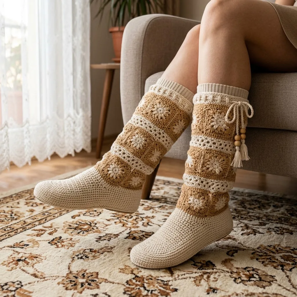 Cream and Tan Two-Tone Crochet Boots Free Pattern