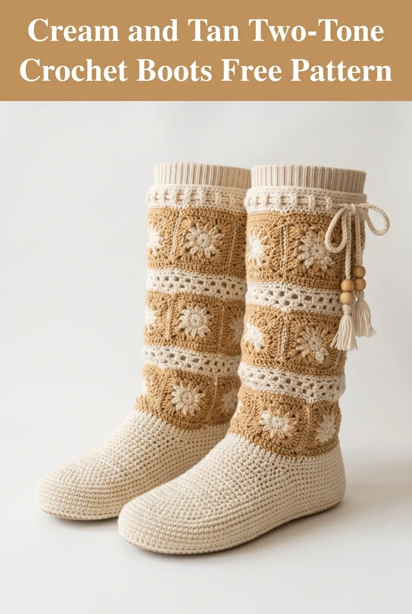 Cream and Tan Two-Tone Crochet Boots Free Pattern