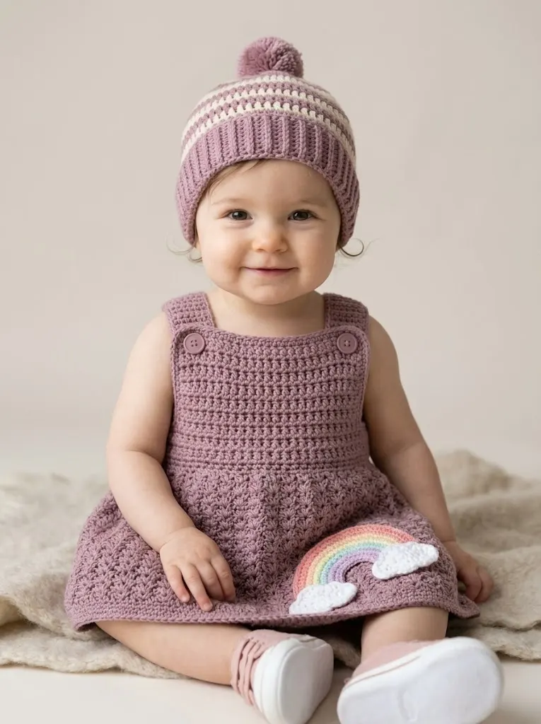 Dusty Mauve Rainbow Baby Dress Free Crochet Pattern