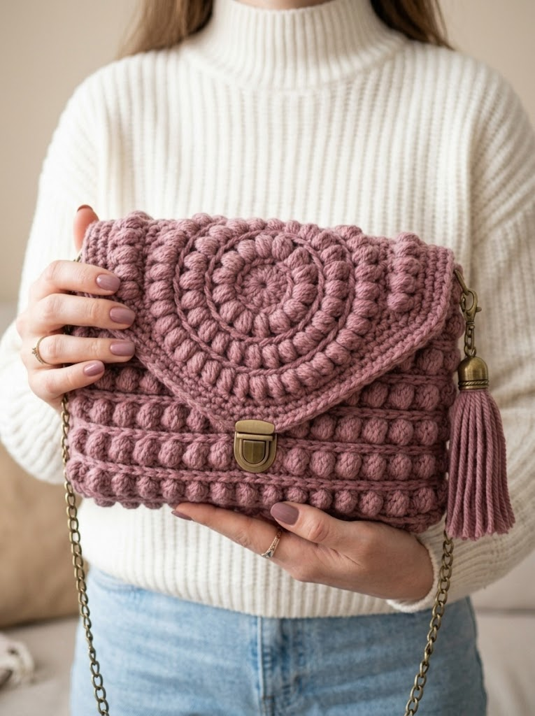 Dusty Rose Puff Stitch Envelope Bag Free Crochet Pattern
