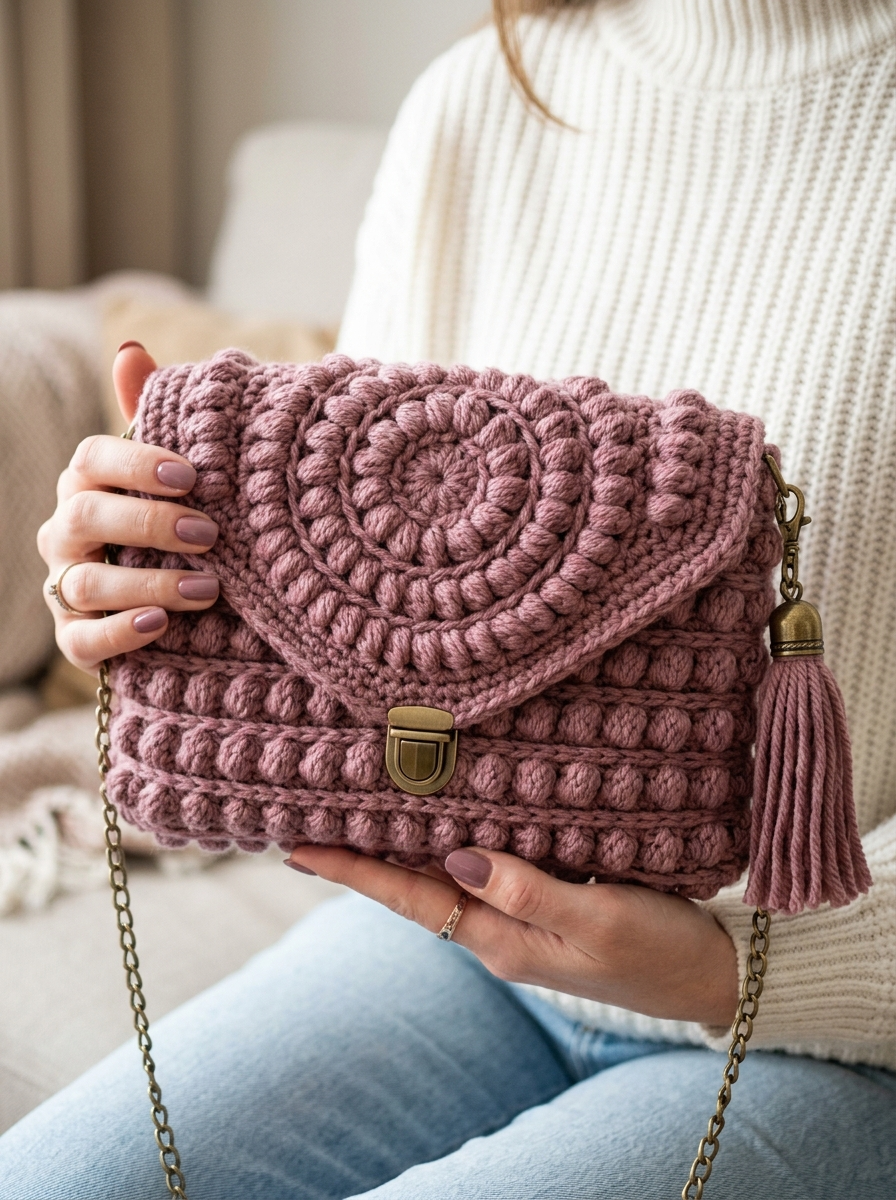 Dusty Rose Puff Stitch Envelope Bag Free Crochet Pattern