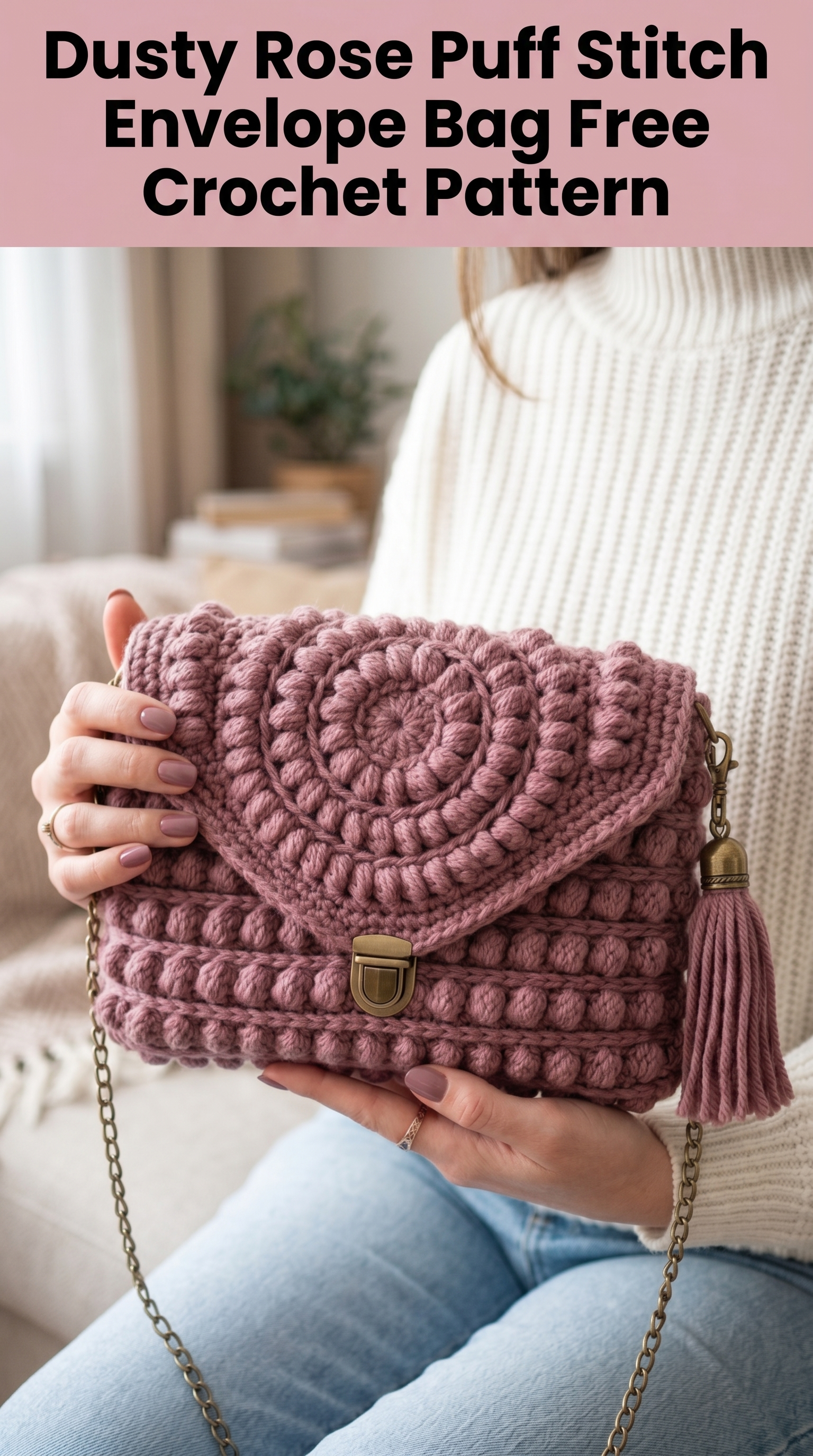 Dusty Rose Puff Stitch Envelope Bag Free Crochet Pattern